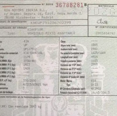 Scrapping Vehicle kia carnival ii 2.9 cdri ex of the year 2006 powered j3