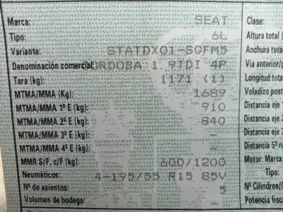 Sloopvoertuig seat cordoba berlina (6l2) 1.9 tdi van het jaar 2002 aangedreven atd