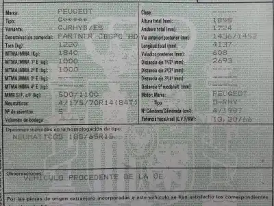 Veicolo di demolizione peugeot partner (s2) combi plus dell'anno 2006 alimentato rhy