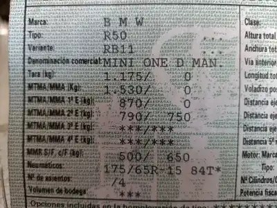 Veículo de Sucata bmw mini (r50,r53) 1nd do ano 2003 alimentado 1nd