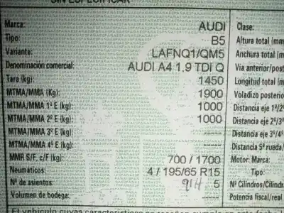 Veículo de Sucata audi a4 b5 (8d2) 1.9 tdi do ano 1999 alimentado afn