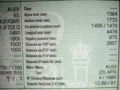 Veículo de Sucata audi a4 b5 (8d2) 1.9 tdi do ano 1999 alimentado afn