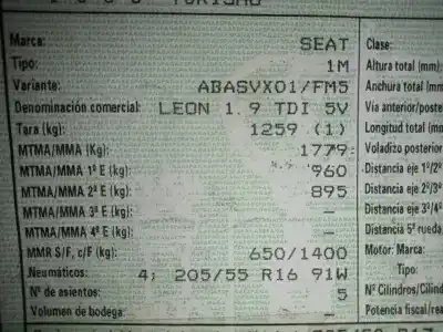 Scrapping Vehicle seat leon (1m1) 1.9 tdi of the year 1999 powered asv