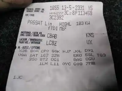 Veículo de Sucata volkswagen passat berlina (3c2) highline do ano 2008 alimentado cba