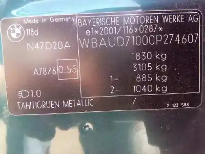 Scrapping Vehicle bmw serie 1 berlina (e81/e87) 118d of the year 2008 powered n47d20a -105kw