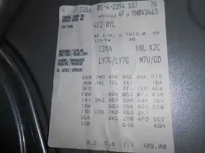 Sloopvoertuig audi a6 berlina (4f2) 3.0 tdi quattro van het jaar 2008 aangedreven cdya