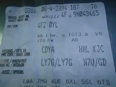 Sloopvoertuig audi a6 berlina (4f2) 3.0 tdi quattro van het jaar 2008 aangedreven cdya