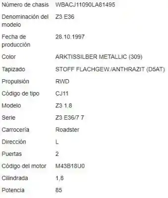 Veículo de Sucata bmw z3 roadster (e36) 1.8 i do ano 1998 alimentado m43 b18 (18 4 e2)