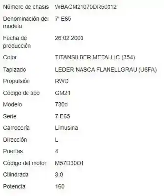 Veículo de Sucata bmw serie 7 (e65/e66) 3.0 730d do ano 2003 alimentado n57 306 d2