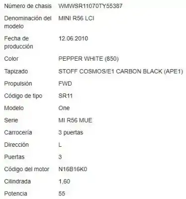 Здавання транспортного засобу mini mini (r56) 1.6 16v року 2010 потужний n16 b16a