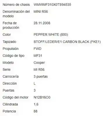 Утилизация автомобиля mini mini (r56) 1.6 16v cat года 2009 питание n12b16a