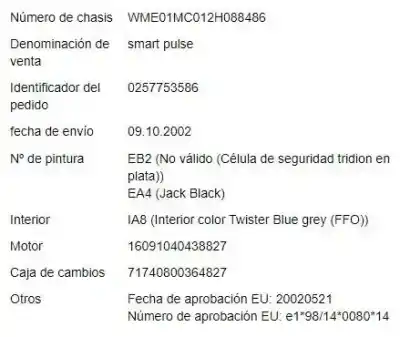 Veículo de Sucata smart crossblade (450) 0.6 (450.418) do ano 2002 alimentado m 160.910