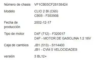 Veicolo di demolizione renault clio ii fase ii (b/cb0) 1.2 authentique dell'anno 2003 alimentato d4f 712
