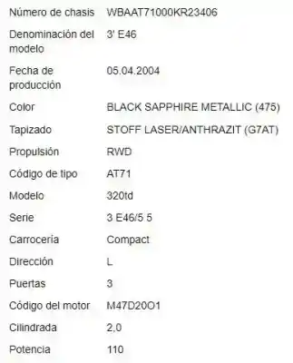 Veicolo di demolizione bmw serie 3 compacto (e46) 2.0 320td dell'anno 2004 alimentato m47 d20 (20 4 d4)