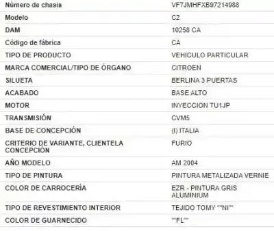 Veículo de Sucata citroen c2 (jm_) 1.1 do ano 2004 alimentado hfx (tu1jp)