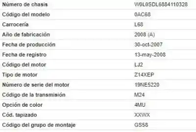 Утилизация автомобиля opel corsa d (s07) 1.4 (l08 l68) года 2008 питание z 14 xep