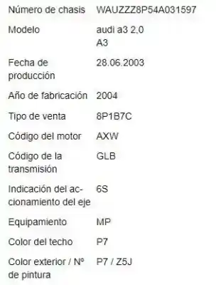 Scrapping Vehicle audi a3 (8p1) 2.0 fsi ambiente of the year 2003 powered axw