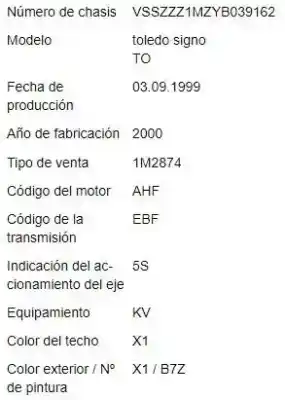 Scrapping Vehicle seat toledo ii (1m2) 1.9 tdi of the year 1999 powered ahf