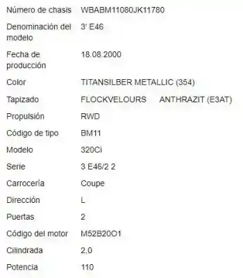 Veículo de Sucata bmw serie 3 coupe (e46) 2.0 24v do ano 2000 alimentado m52 b(20 6 s4)