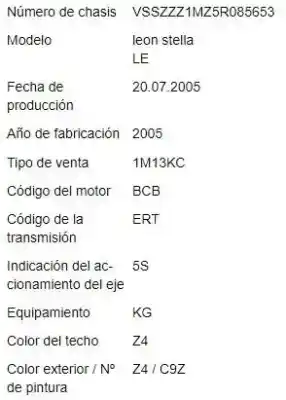 Утилизация автомобиля seat leon (1m1) 1.6 16 v года 2005 питание bcb