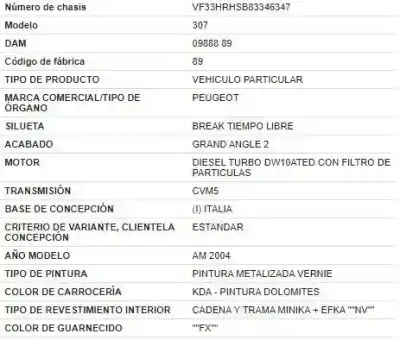 Veicolo di demolizione peugeot 307 break / sw (s1) 2.0 hdi 110 dell'anno 2004 alimentato rhs (dw10ated)