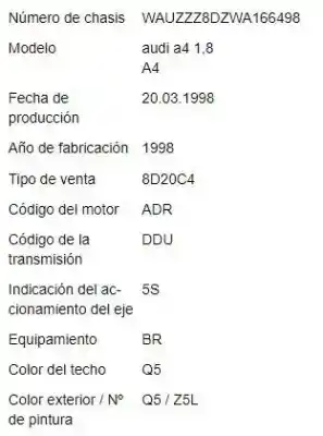 Veículo de Sucata audi a4 berlina (b5) 1.8 do ano 1998 alimentado adr