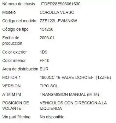Sloopvoertuig toyota corolla verso (e12) 1.8 linea sol van het jaar 2003 aangedreven 1zz-fe