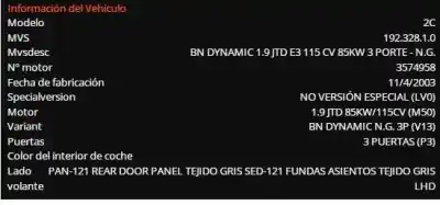 Veículo de Sucata fiat stilo (192_) 1.9 jtd (192_xe1a) do ano 2003 alimentado 192 a1.000