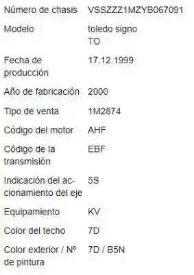 Здавання транспортного засобу seat toledo ii (1m2) 1.9 tdi року 2000 потужний ahf