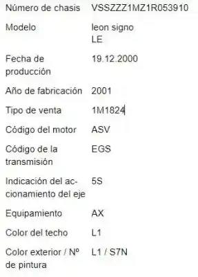 Veículo de Sucata seat leon (1m1) 1.9 tdi do ano 2001 alimentado asv