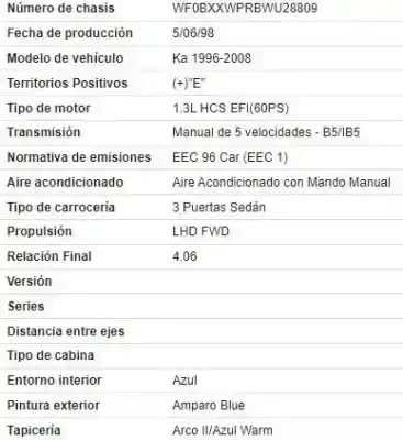 Veículo de Sucata ford ka (ccq) 1.3 cat do ano 1998 alimentado j4d