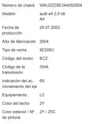 Veículo de Sucata audi a4 berlina (8e) 2.5 tdi (120kw) do ano 2003 alimentado bcz