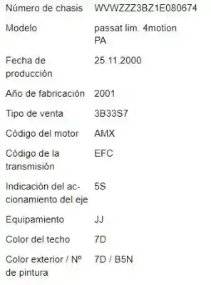 Veículo de Sucata volkswagen passat berlina (3b3) 2.8 v6 30v do ano 2001 alimentado amx