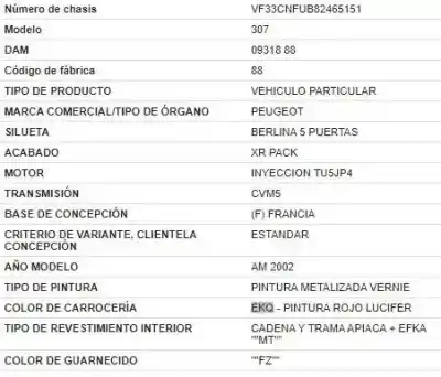Утилизация автомобиля peugeot 307 (s1) 1.6 16v cat года 2002 питание nfu (tu5jp4)