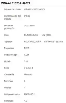 Veicolo di demolizione bmw serie 3 berlina (e46) 1.9 cat dell'anno 1999 alimentato m43 b19 (194e1)