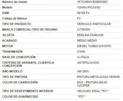 Veicolo di demolizione citroen xsara picasso 2.0 hdi cat (rhy / dw10td) dell'anno 2003 alimentato rhy (dw10td)