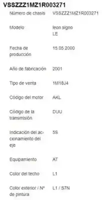 Scrapping Vehicle seat leon (1m1) 1.6 of the year 2000 powered akl