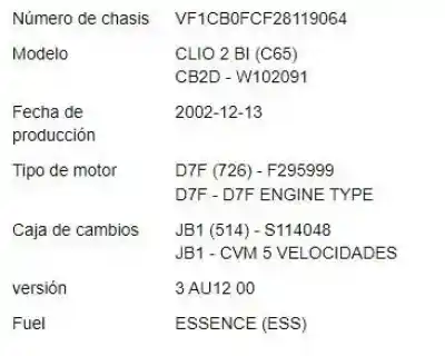 Утилизация автомобиля renault clio ii fase ii (b/cb0) 1.2 authentique года 2003 питание d7f 726