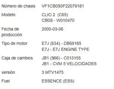 Утилизация автомобиля renault clio ii (xbo) 1.4 16v 98cv года 2000 питание e7j 634