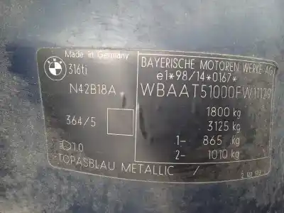 Sloopvoertuig bmw serie 3 berlina (e46) 1.8 16v van het jaar 2001 aangedreven n42b18a