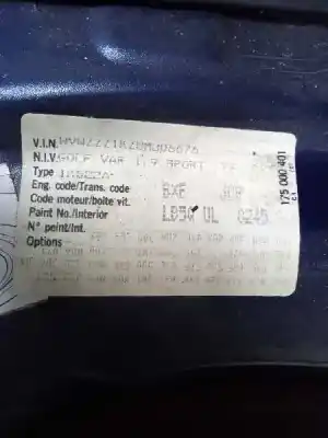 Scrapping Vehicle volkswagen golf v variant (1k5) 1.9 tdi of the year 2007 powered bxe