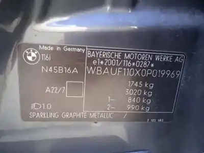 Veicolo di demolizione bmw serie 1 berlina (e81/e87) 116i dell'anno 2007 alimentato n45b16a