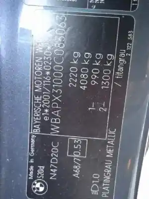 Veículo de Sucata bmw serie 5 touring (e61) 520d do ano 2009 alimentado n47d20c