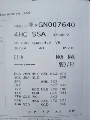 Sloopvoertuig audi s8 (4hc) 4.0 tfsi quattro van het jaar 2015 aangedreven ctfa