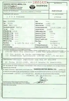 Veículo de Sucata daewoo                                             matiz (m100, m150)                                                                                                                                                                                                                                         0.8                                                                                                                                                                                                                                                        do ano 1999 alimentado f8cv