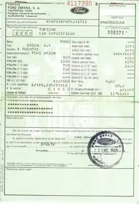 Scrapping Vehicle ford orion (1989.... 1.6 65 kw of the year 1989 powered g/lu