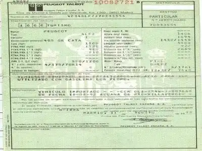 Verschrottungsfahrzeug peugeot 405 1.8 g -lfz des jahres 1992 angetrieben g-lfz