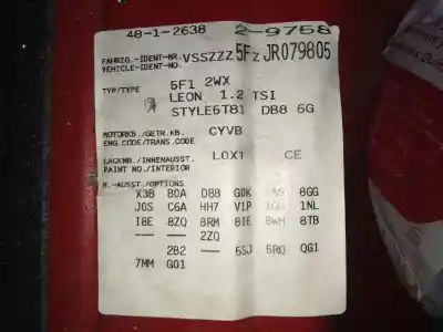 Veículo de Sucata seat leon (5f1) 1.2 tsi do ano 2018 alimentado cyvb