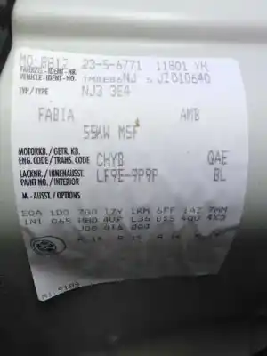 Vehicul casat skoda fabia combi 1.0 mpi al anului 2017 alimentat chyb