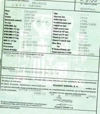 Утилизация автомобиля peugeot 307 (s1) xs года 2003 питание rfn